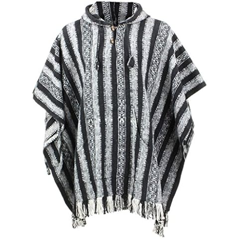 LOUDelephant 100% Woven Gheri Cotton Mexican Style Hooded Poncho - Black & White Cover
