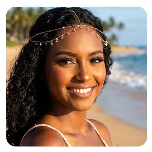 Shimmeroo Gold Head Chain - Rhinestone Sequin Gold Headpiece Egyptian Head-Piece Genie Head Jewelry for Women Girls Egyptian Hair Accessories for Festival Prom Wedding Bridal