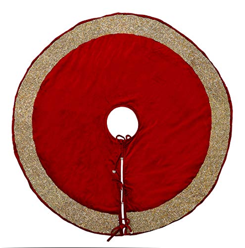 Red Velvet Christmas Tree Skirt With Hand Beaded Gold Border - 60" #TOP8
