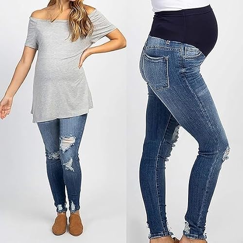 YASHANG FüR Schwangere Schwangerschafts Jeans, Lang Umstandshose Jeans,Hosen mit Löchern.Maternity Denim Leggings(M Hellblau)
