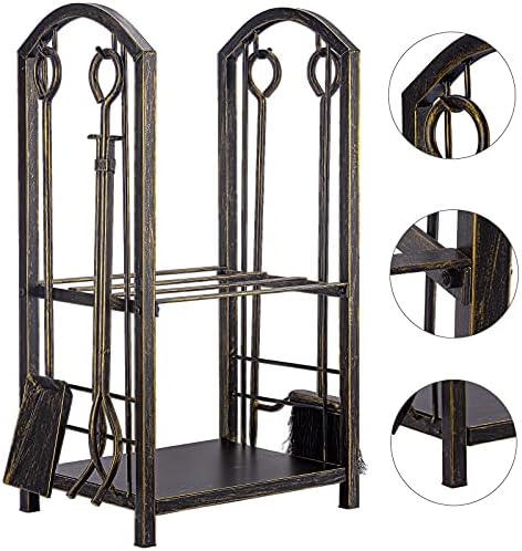 Amagabeli Fireplace Firewood Log Rack with Tool Sets Indoor Wood Holders Fireplace Outdoor Lumber Storage Stacking Stove Wrought Iron Large Logs Bin Fireside Fire Pit Tongs Accessories Vintage Bronze