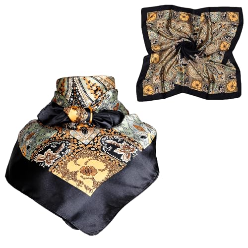 EIysee 35 Inch Silk Feel Square Scarf Neck for Men，Pocket Square Cowboy Scarves Neckerchief Geometry Head Scarf Fashion for Women (Big cashew-black)