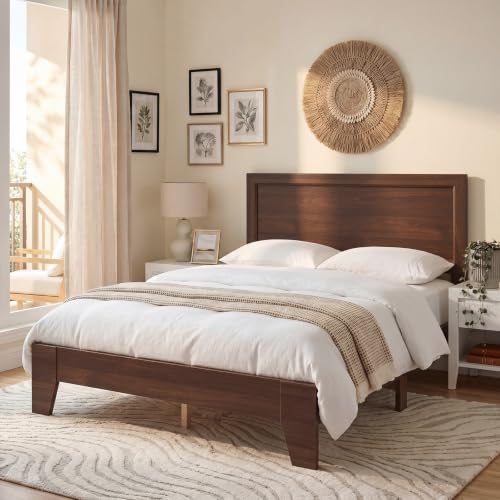 Image of GIANTEX Full Size Wooden Bed Frame with Headboard, Wood Slat Support