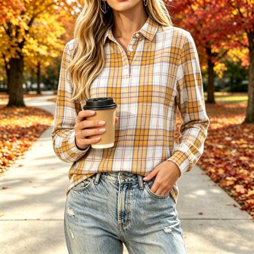 Long Sleeve Henley Shirts for Women Casual Buffalo Check Long Sleeve Top | Varsity, Turn Down Collar, Henley, Oversized, Work, Routine, Outdoor, Airport Outfit, Office, Fall Winter Fashion Outfits — view 6
