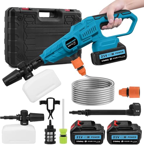 Hidrolimpiadora de Alta Presión, Hidrolimpiadora Portatil 120 Bar 21V con 2 Baterías Recargables, 6 en 1 Boquilla, Manguera de 5 m, para Coches, Limpieza Móvil y Riego