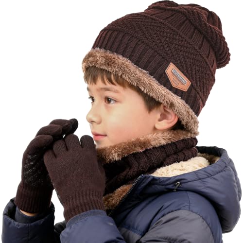 Image of Kids Winter Hat Scarf&Touchscreen Gloves Set,Knitted Beanie with Fleece Lining, Neck Warmer for Boys Girls 4-15 Years
