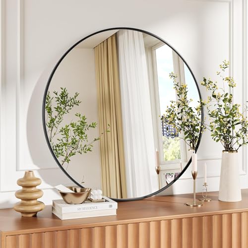 Image of Simple Deluxe 36 Inch Round Bathroom Mirror, Black Vanity Mirror with Metal Frame, Modern Circle for Bathroom, Entryway, Bedroom, Living Room, Wall Mounted Decorative Mirrors (Black)