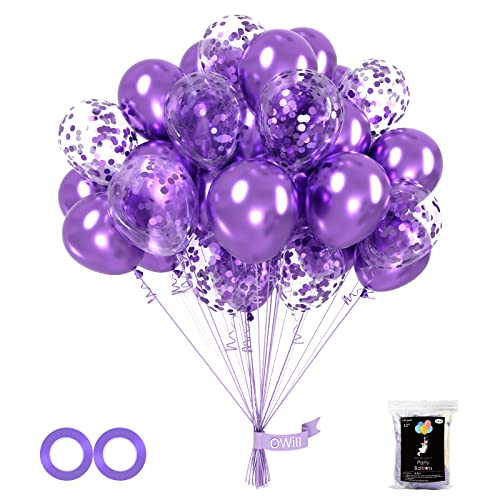 OWill 100pcs Balloons Metallic Purple Confetti 12 Inches Purple Latex Balloons, Purple Confetti Balloons for Birthday Baby Shower Wedding Party Supplies Arch Garland Decoration