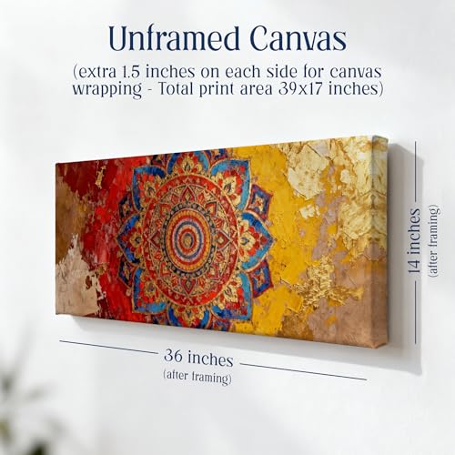 Image of SoulAbiti Rajasthani Mandala Fresco Unframed 36x14 inches Rolled Canvas Wall Contemporary Art UV Print Painting for Living Room, Bedroom & Office Decor Premium Gloss Vivid Fade-Resistant Print