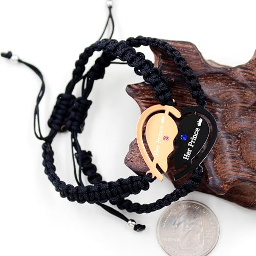 Image of 2pcs Black /Rose Gold Custom Carved Heart-shaped Puzzle Bracelets, Hand Woven Stainless Steel with Zirconia Jewelry for Men and Women, Fashion Couples Promise Bracelets