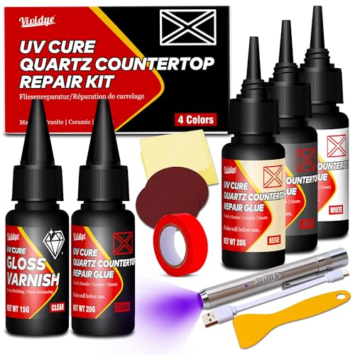 Quartz Countertop Repair Kit - Porcelain Repair Kit with 4 Color Filler (White Beige Gray Clear) UV LightSealing Varnish Fast Curing Granite Chip Repair Kit Also for Marble Fiberglass Tile Acrylic