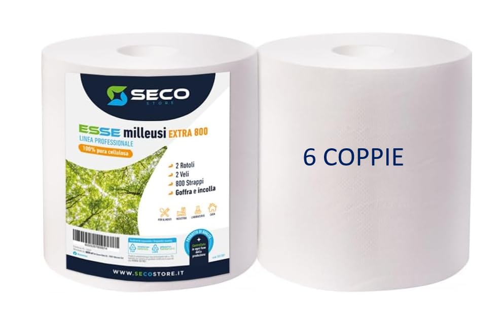 SECOSTORE - 12 Rotoli extra - carta asciugatutto Industriale - 2 veli per uso alimentare - 800 strappi per bobina