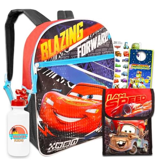 Disney Cars Backpack and Lunch Box School Set for Boys Kids ~ Deluxe 16 Inch Disney Cars School Bag with Insulated Lunch Box and Stickers (Disney Cars School Supplies)