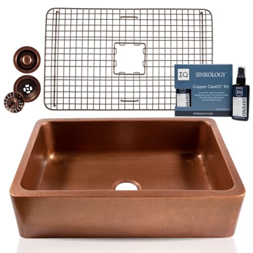 Sinkology Lange 32 in Copper Farmhouse Sink Kit, Grid, Drains, Care