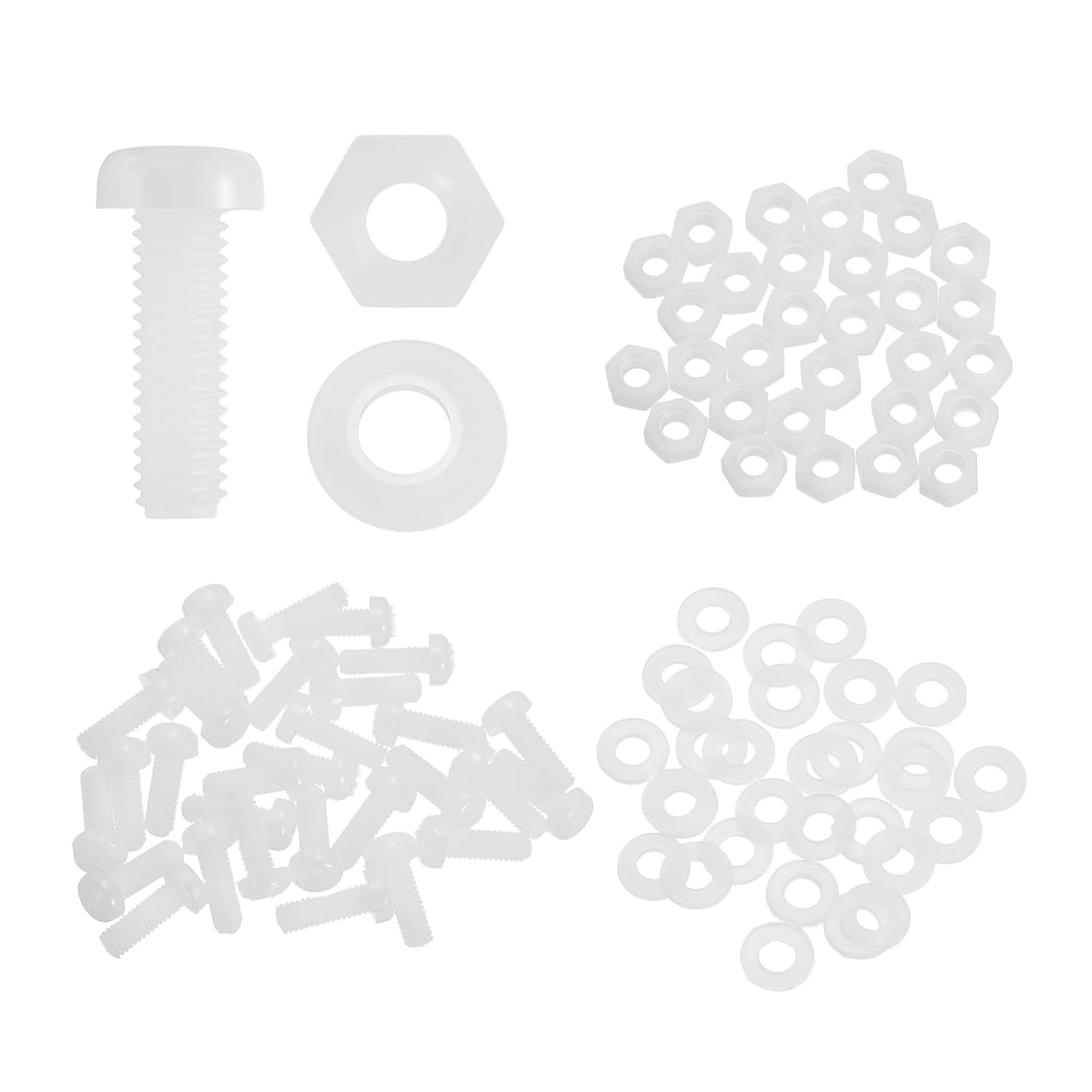 MECCANIXITY 30 Set M4x12mm Nylon PA66 Plastic Cross Round Head Screw Phillips Bolts Hex Nuts Flat Washers Assortment Kit, Metric Full Thread Bolt Fasteners for DIY Machine Assembly, White