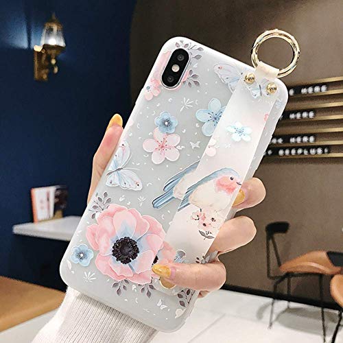Robinsoni Case Compatible with iPhone XS Semi-Transparent Floral Flower Pattern Cover for Girls Women TPU Silicone Wrist-Band & Mental Ring Case Glitter Floral Cover Shockproof Bumper Back Case