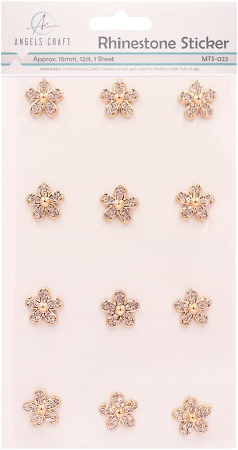 Pack of 12 Gold Flower with Clear Stone Accents Rhinestone Sticker Sheets - 144 Glittering Flower - Self-Adhesive for Crafting, Scrapbooking, DIY Projects, and Decorations
