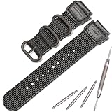 18mm Nylon Watch Strap Compatible with Casio A158WA F108WH A168WA-1 AE1200WH W800HG MRW200H W735H AE-1300WH Replacement band Leather Bracelet (Black with black Metal ring)