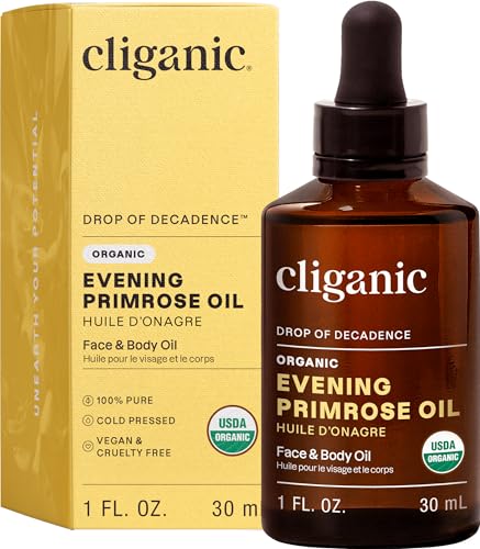 Cliganic Organic Evening Primrose Oil, 100% Pure (1oz) - For Hair & Face | Natural Cold Pressed Unrefined (Packaging May Vary)