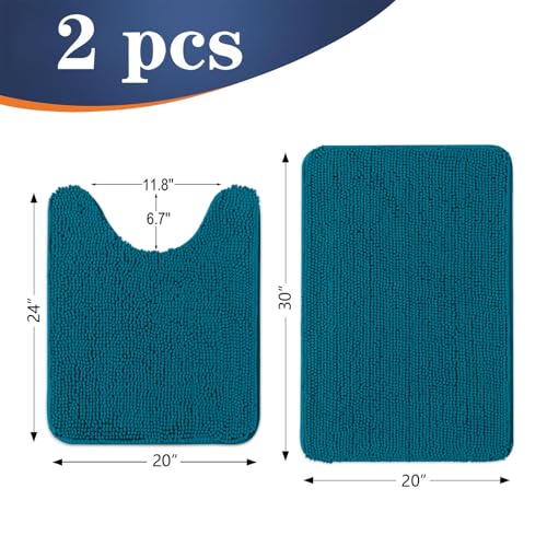 Image of OLANLY Bathroom Rugs Sets 2 Piece, Soft Absorbent Chenille Bath Mats and U-Shaped Contour Toilet Mat Area Rug Set, Machine Washable Bath Carpet, Home Decor Accessories(30 inchx20 inch+24 inchx20 inch, Peacock Blue)