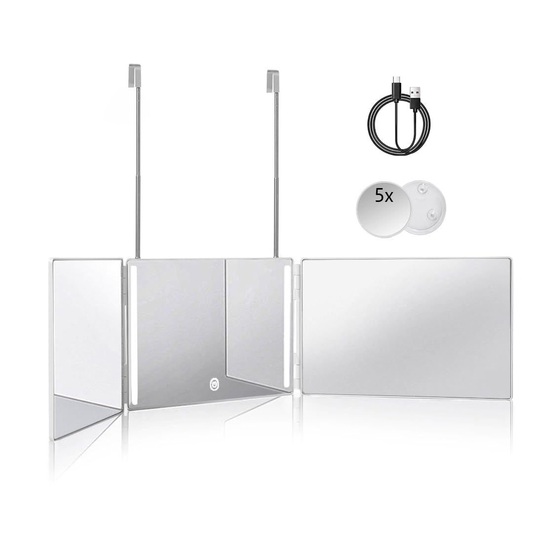 HIEEY 3 Way 360 Trifold Mirror with LED, Height Adjustable Telescoping Hooks,and 5X Magnification for Makeup,Hair Cutting/Styling (White)