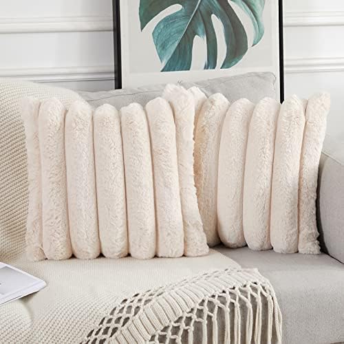 Joyouth Faux Fur Plush Throw Pillow Covers 18x18 Inch Set of 2 - Luxury Decorative Fuzzy Striped Soft Cozy Pillowcase for Couch, Sofa, Living Room - Beige
