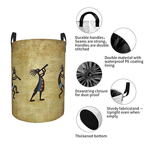 Janrely Large Round Storage Basket With Handles,Southwestern Southwest Native American Kokopelli Pattern,Waterproof Coating Organizer Bin Laundry Hamper For Nursery Clothes Toys 21.5"X 16.5" #TOP6
