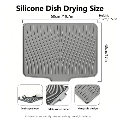 Image of EBIGIC Silicone Dish Drying Mat,19.7 inch*17 inchDish Drying Pad,Kitchen Accessories,with Built-In and Non-Slip Drain,Easy Clean, Fit for Kitchen, Bar, RV, Refrigerator and Drawer Liner, Grey