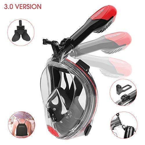 Full Face Snorkel Mask - Patent Nose Equalizer & Foldable Tube Easy Breath - Integrated Snorkeling Mask Anti-Fog Anti-Leak 180° View - Ideal for Youth & Adult Swimming Diving and Scuba (Black, Large)