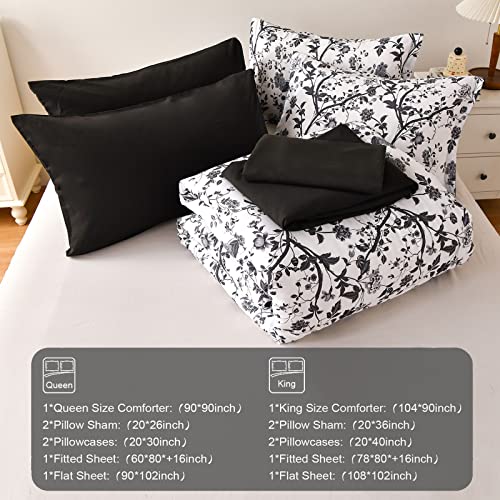 Image of King Size Comforter Set - 7 Pieces Bed in a Bag Soft Microfiber Bedding Comforter Set Leaves Floral Pattern on White Comforter Sets with Sheets for All Seasons (King, Black)