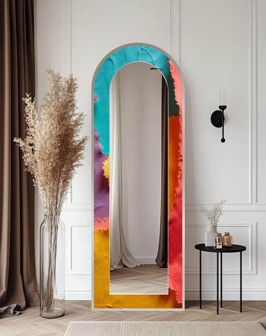 Specchio da pavimento astratto a forma di onde arcobaleno da 63,5 x 160 cm (larghezza x altezza), specchio da pavimento con cornice nera e cornice nera