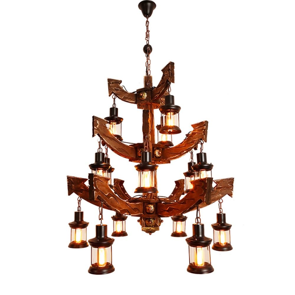 BLOOHK 15-Light Large Nautical Anchor Chandelier, Rustic Wood Ship Tiered Hanging Lanterns, Iron Glass Pendant Ceiling Fixture for Restaurant, Hotel, Foyer, Cabin