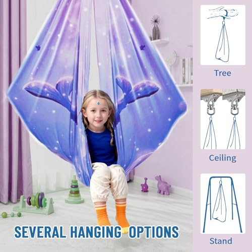 Image of Sensory Swing for Kids & Adults with 360 Swivel Hanger Kit, Double Layer Elastic Therapy Swing Holds up to 300lbs for Autism, ADHD,Aspergers, and SPD (Blue PinkDolphin)