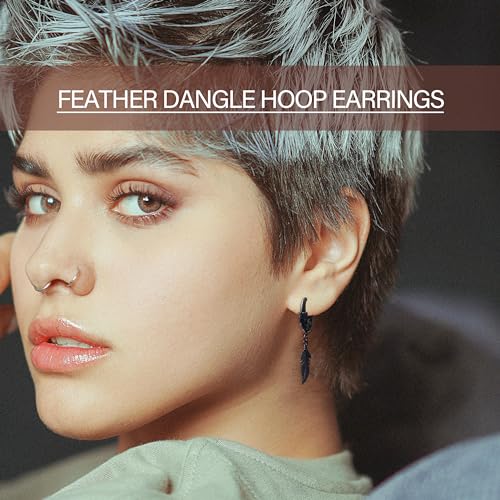 3 Pairs Dangle Hoop Earrings Set for Men, Surgical Steel Hanging Huggie Hoop Earrings with Spike/Feather/Cross Star Charms4