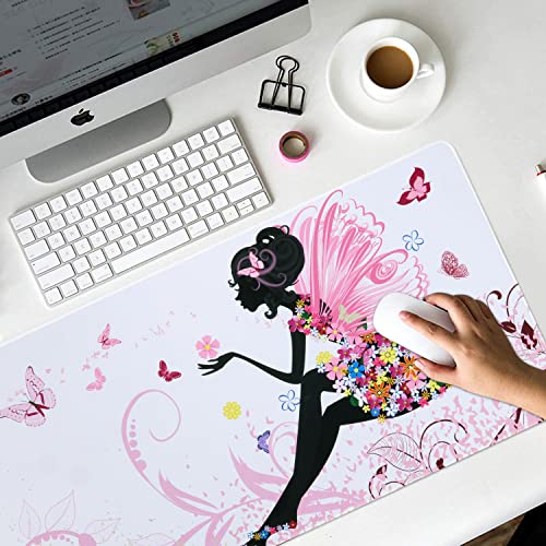 Image of iCasso Extended Gaming Mouse Pad (35.4x15.7 in), Large 3mm Non-Slip Rubber Base Mousepad with Stitched Edges, Waterproof Keyboard Mouse Mat Desk Pad for Work, Game, Office, Home - Butterfly Girl