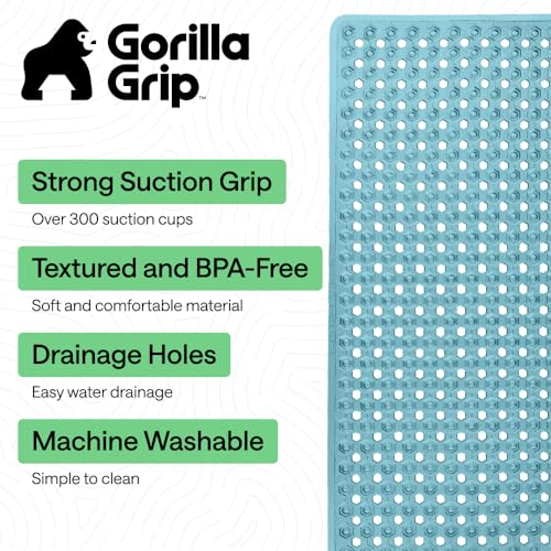 Image of GORILLA GRIP Patented Bath Tub Shower Mat, Machine Washable Bathtub Floor Liner Mats, Suction Cups and Drain Holes to Keep Tubs Clean, Soft on Feet, Bathroom Essentials, 35x16 Inch, Clear Turquoise