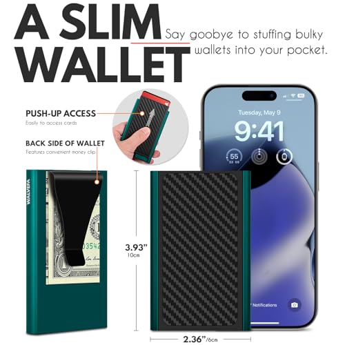 Pop Up Card Holder Wallet,Slim Minimalist Wallet for Men with Money Clip,Aluminum Front Pocket Mens Wallets,RFID Blocking Metal Card Case Stealth Wallet,Holds 6 Cards and Cash(Green)4