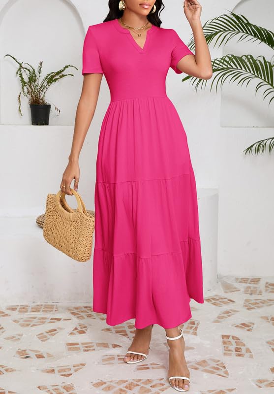 Image of MarryUP Women 2025 Casual Loose Maxi Dress with Pockets V Neck Short Sleeve Tiered Long Summer Beach Swing Dresses