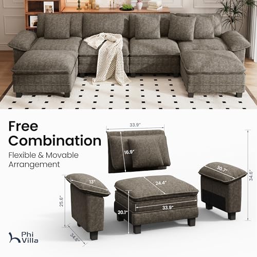 Image of PHI VILLA Cloud Modular Couch Sets, 157.5 inch Oversized Sectional Sofa with U-Shaped Chaise, 6-Seater Couches with Movable Ottomans for Living Room, Chenille Smoky Grey