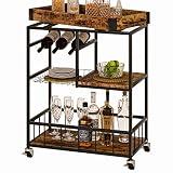 Azheruol Bar Cart with Basket 3 Tiers Home Rolling Wine Rack with Wheels Mobile Kitchen Industrial V
