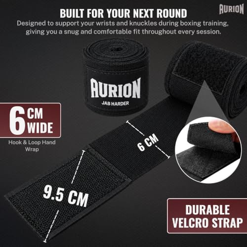Image of Aurion 4.5 Meter Boxing Hand Wraps (180 Inch) | Professional Elastic Polyester-Cotton Handwrap for Boxing, MMA, Muay Thai & Heavy Bag | Durable Wrist & Knuckle Protection | Black (Pair)