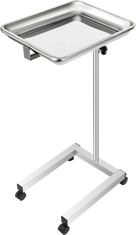 VEVOR Mayo Stand Bandeja médica de 18 x 14 pulgadas, altura ajustable de 32 a 51 pulgadas, carro de laboratorio de acero inoxidable con bandeja extraíble y 4 ruedas giratorias, bandeja de procedimiento de instrumentos de metal para equipos domésticos, dentales