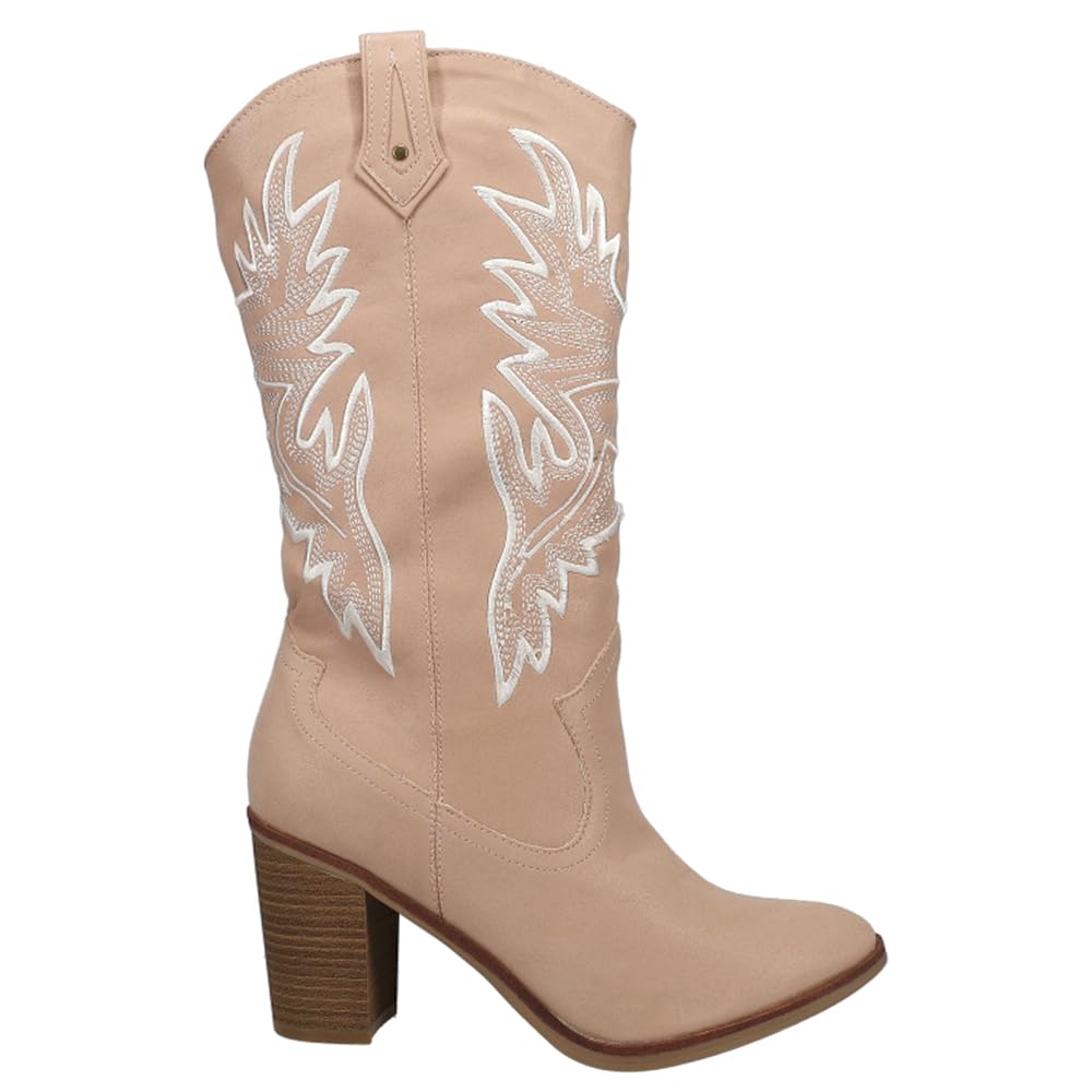MIA Womens Taley Embroidered Round Toe Casual Boots Mid Calf High Heel 3" & Up - Beige - Size 7.5 M