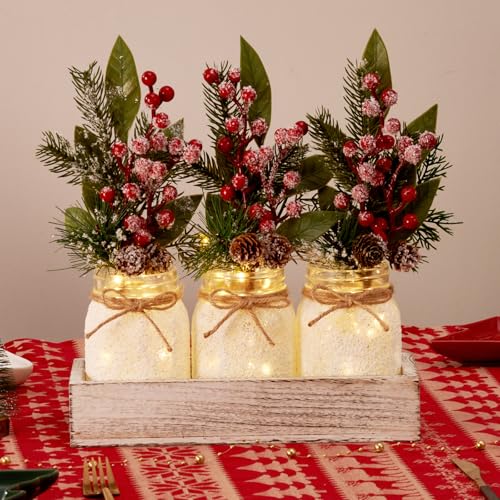 KIVIVO Christmas Centerpieces for Tables, Table Decor with Mason Jar, Flowers Picks, Farmhouse Wood Tray, Christmas Winter Table Decorations Centerpieces, Xmas Holiday, Kitchen, Room, Dining Decor