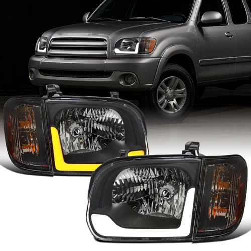 Ronnin - Fits 2005-2006 Toyota Tundra 2005-2007 Sequoia Upgrade Replacement LED Running Lights Switchback Sequential Turn Signals Headlights + Corner Lights Assembly Pair | Black