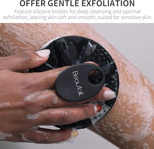 Image of Silicone Body Scrubber & Scrub Nets, BEAUTAIL 4 Pack - Rich Foam and Exfoliation with Gentle Brush or Firmer Net Options - Hygienic, Durable, Easy to Clean - 2 Brushes (Black+Blue), 2 Nets (Gray+Blue)