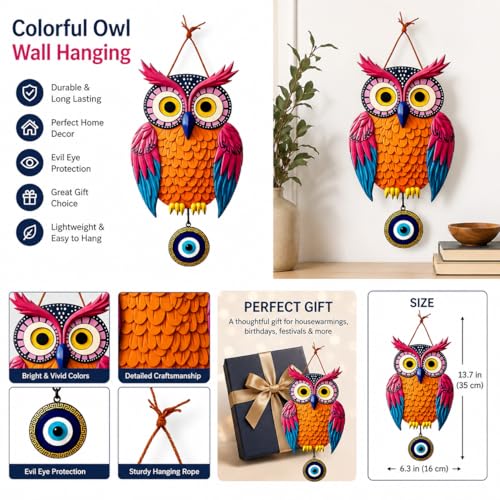 Image of Dakshestry Artworks Owl Wall Hanging with Evil Eye Protection | Handcrafted Colorful Owl Wall Decor for Living Room, Bedroom & Entrance | Good Luck Hanging Decor for Home, Office & Gift | Ready to Hang