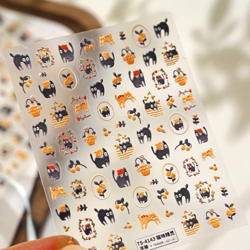 Image of 5D Embossed Cat Nail Stickers Cartoon Nail Decals Orange Black Self Adhesive Design DIY Manicure Charms Supply Decoration for Women