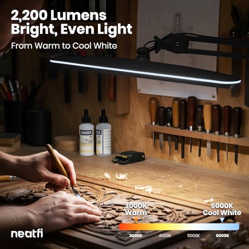 Image of Neatfi XL 2,200 Lumens 20W LED Task Lamp - 23 inch Ultra-Wide Head | 182 SMD LEDs | 4 Brightness Levels | 3 Light Modes | Eye-Caring, Glare-Free | Adjustable Arm (Black, CCT with Base)