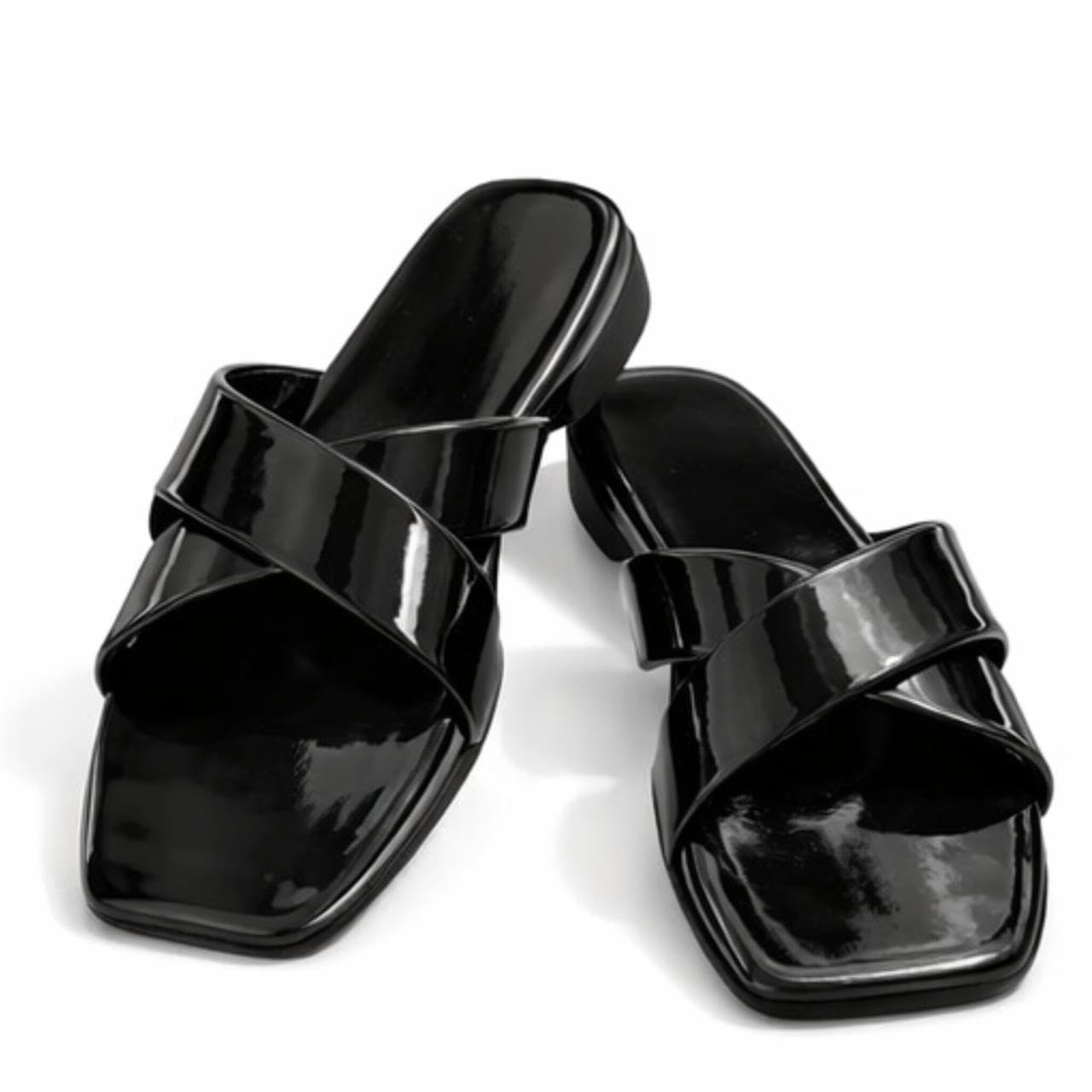 women’s glossy black cross strap slip-on sandals | square toe flat slides | stylish open toe casual slippers for daily wear & party